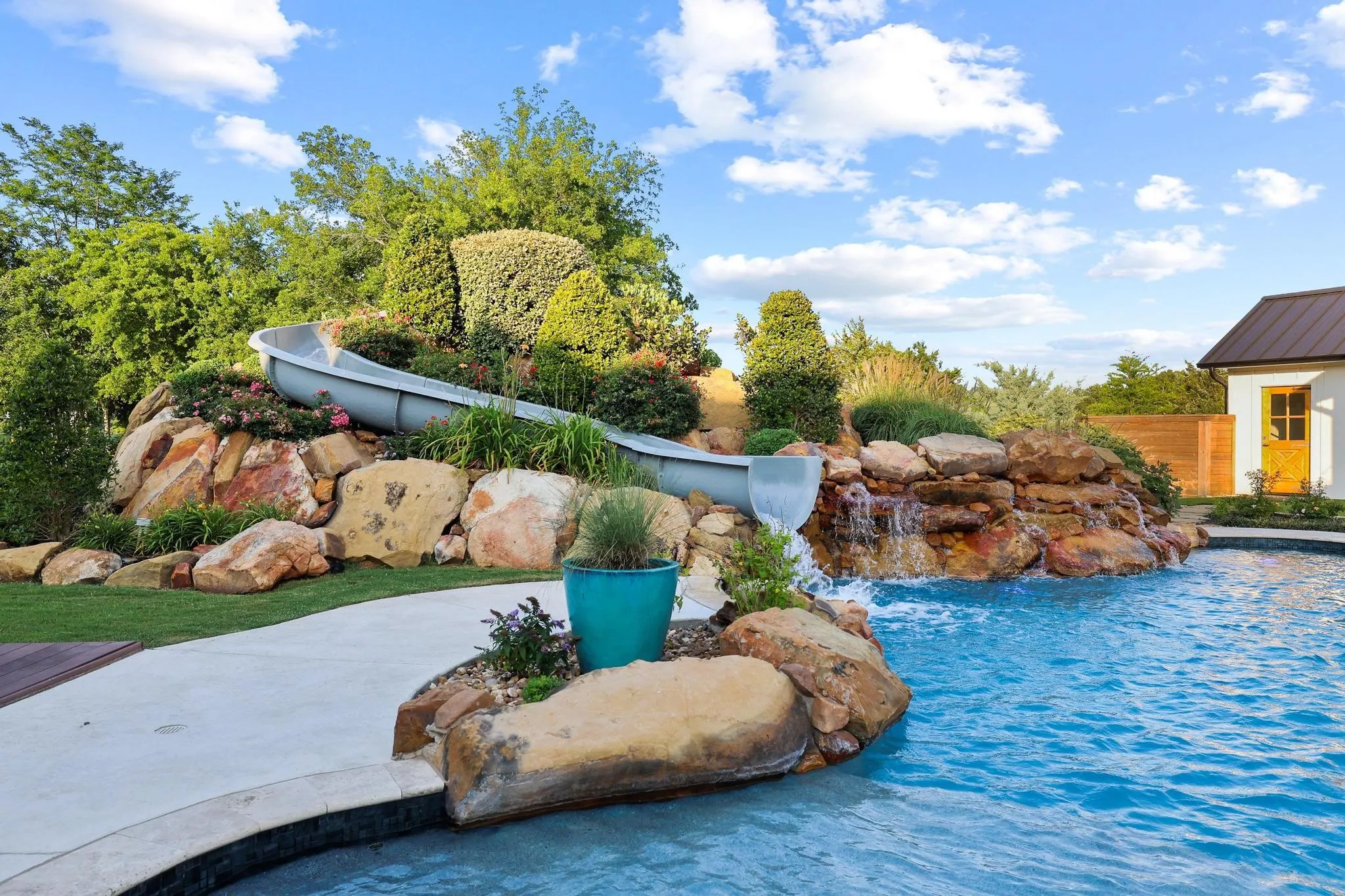 Rock waterslide and waterfalls.
