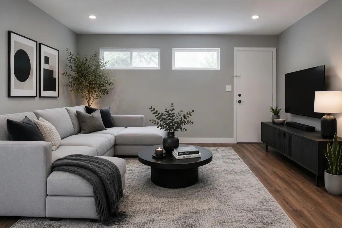 Spacious living area featuring recessed lighting, light gray walls, wood-finish flooring, and two horizontal windows. (Virtually Staged, furniture not included)