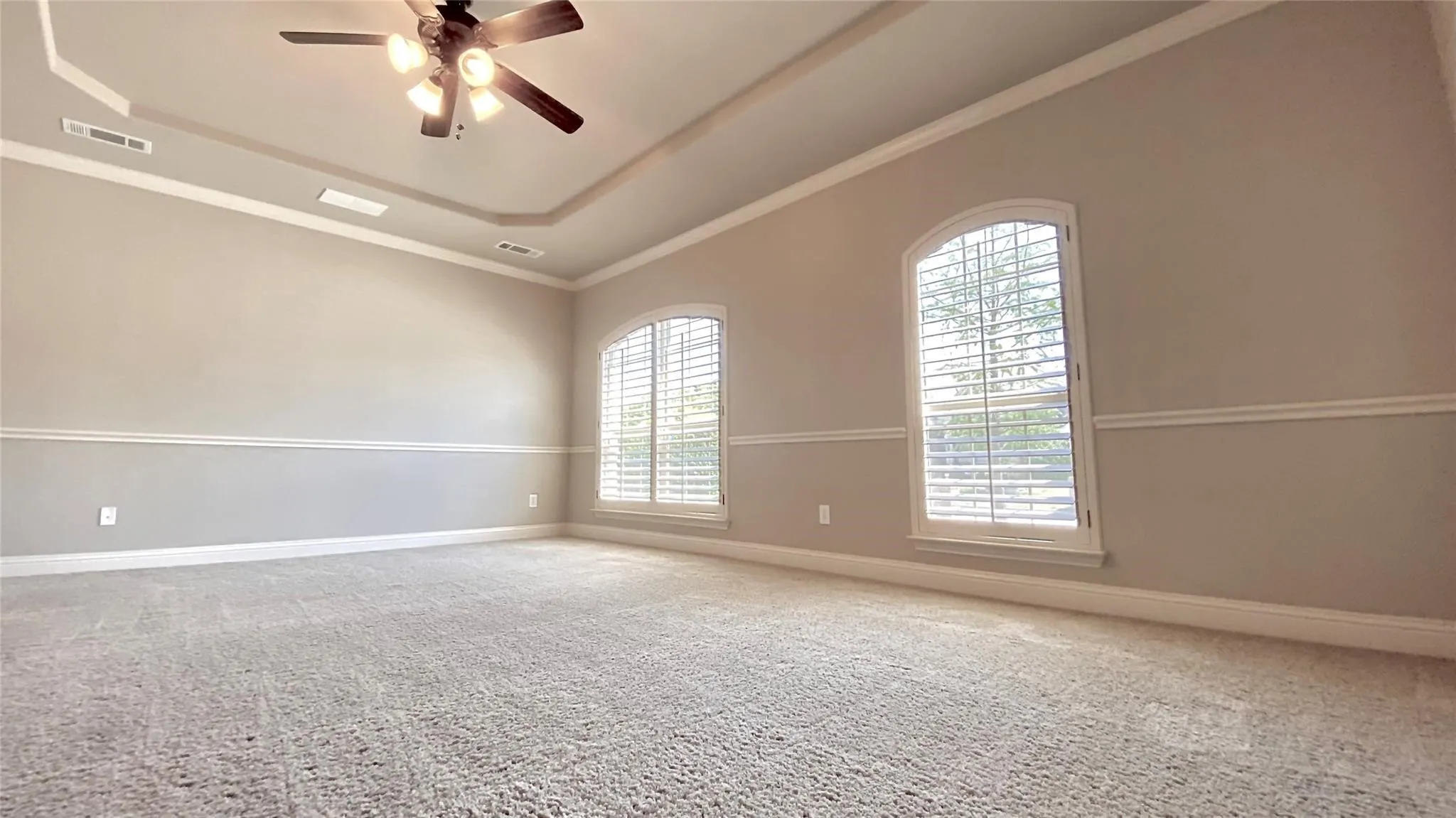 Spacious room featuring tray ceiling, crown molding, chair rail molding, arched windows with plantation shutters, and plush carpet flooring