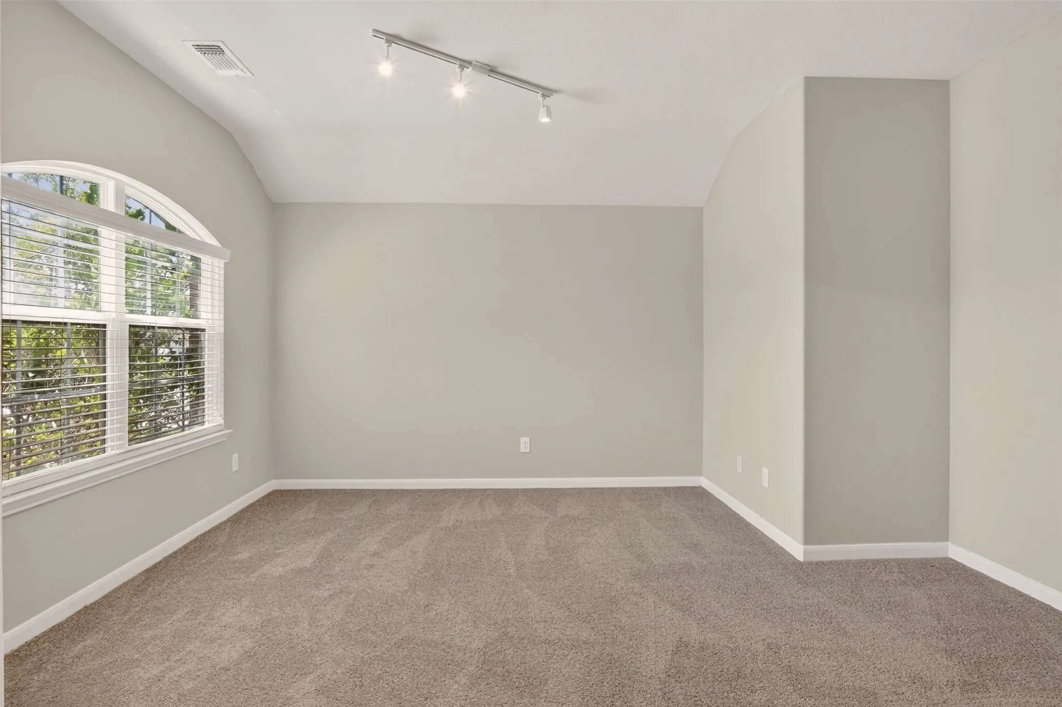 Spacious room featuring vaulted ceilings, track lighting, and soft gray carpeting