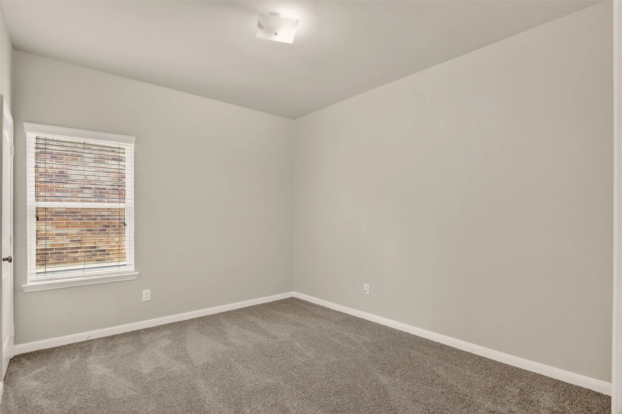 Spacious room featuring neutral carpeting, a single window with blinds, light gray wall paint, white trim, and a flush-mount ceiling light fixture
