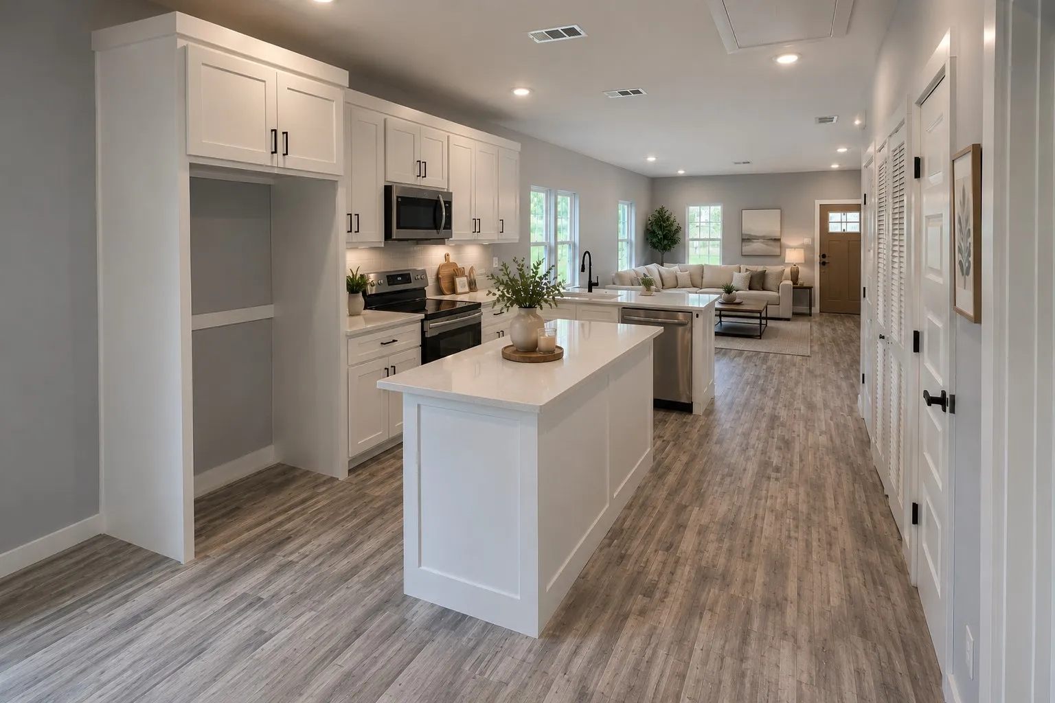 Kitchen featuring white shaker cabinetry, stainless steel appliances, a center island with countertop seating, and wood-finish flooring