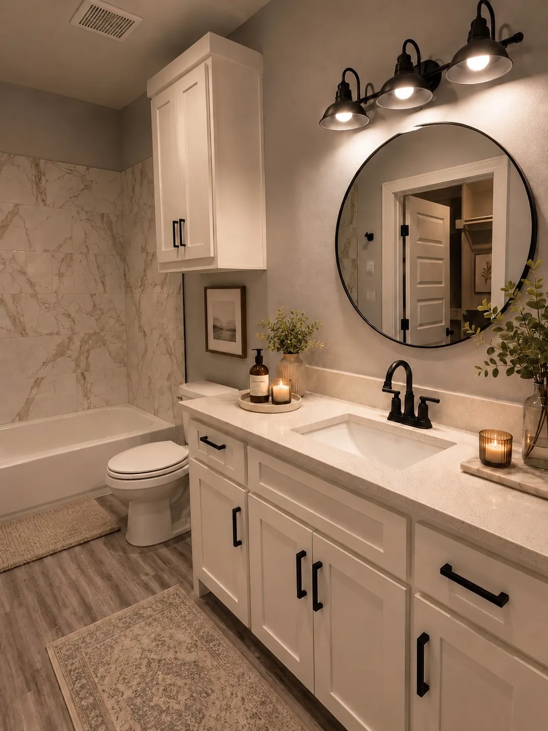 Bathroom featuring a dual-sink vanity with white cabinetry, matte black hardware, and a white countertop