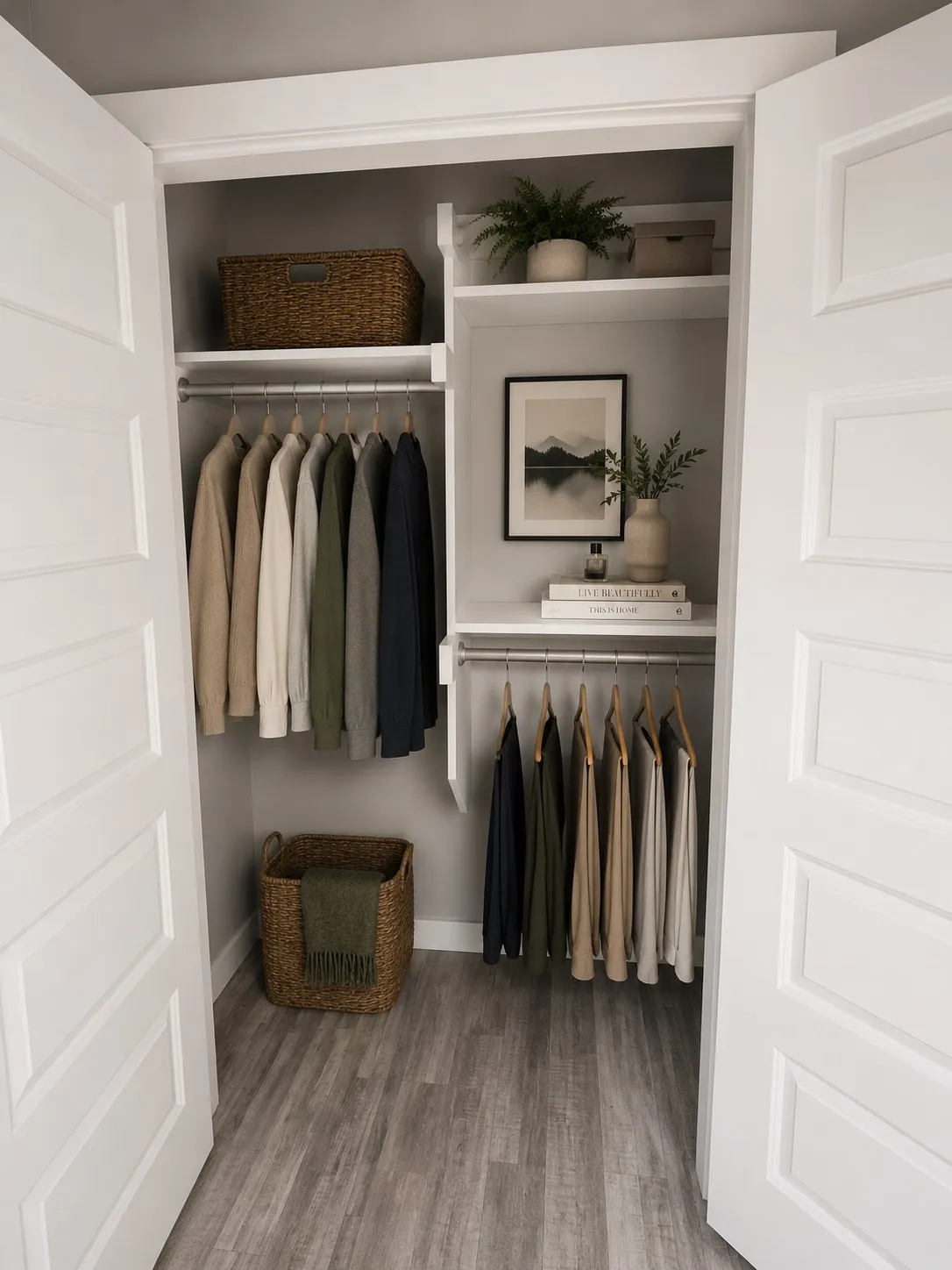 Walk-in closet featuring white panel doors, wood-finish flooring, built-in shelving, and multiple hanging rods