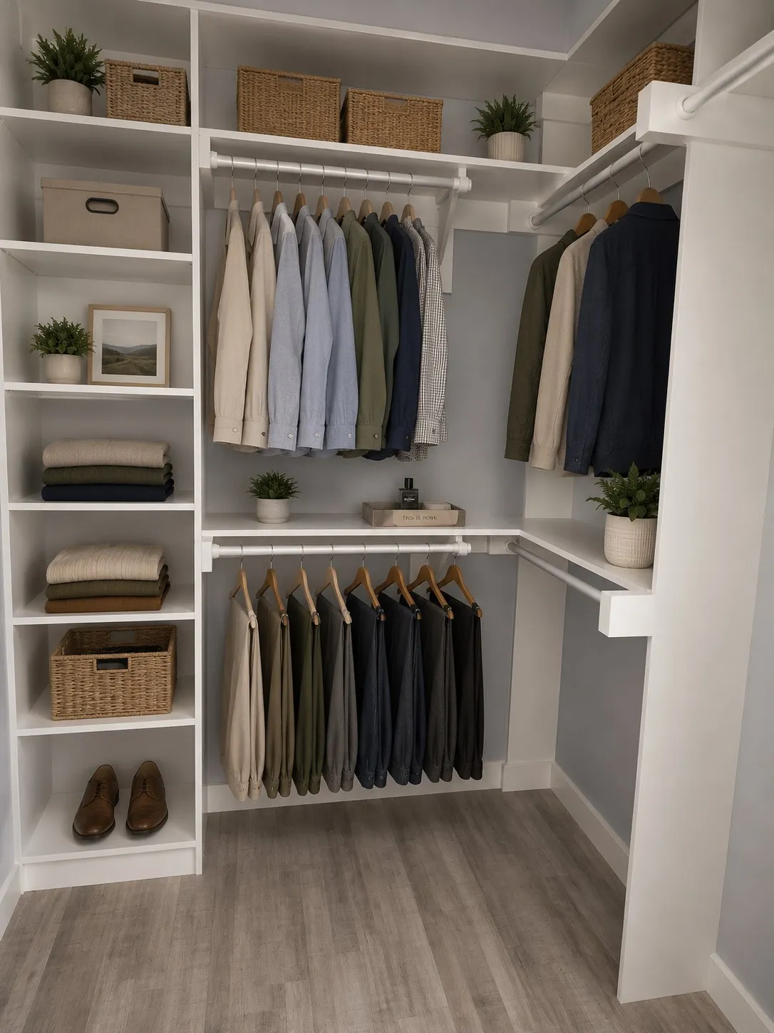 Custom closet system featuring white shelving and hanging rods