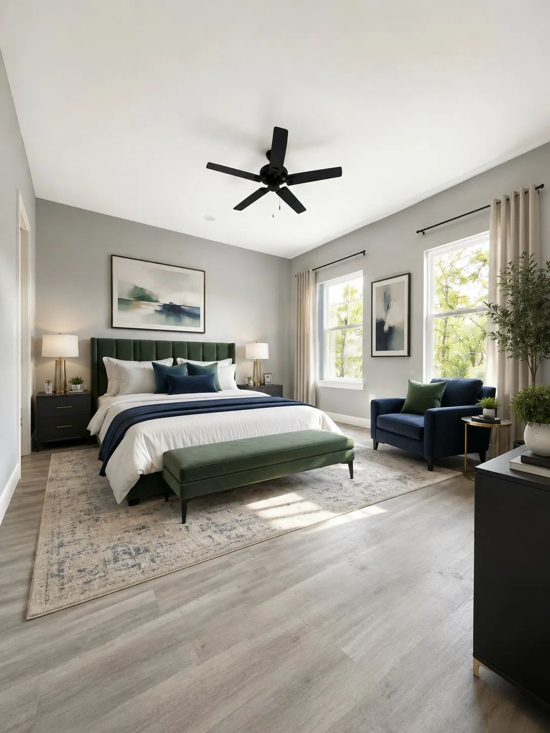 Spacious room featuring light wood-finish flooring, a ceiling fan, and multiple large windows