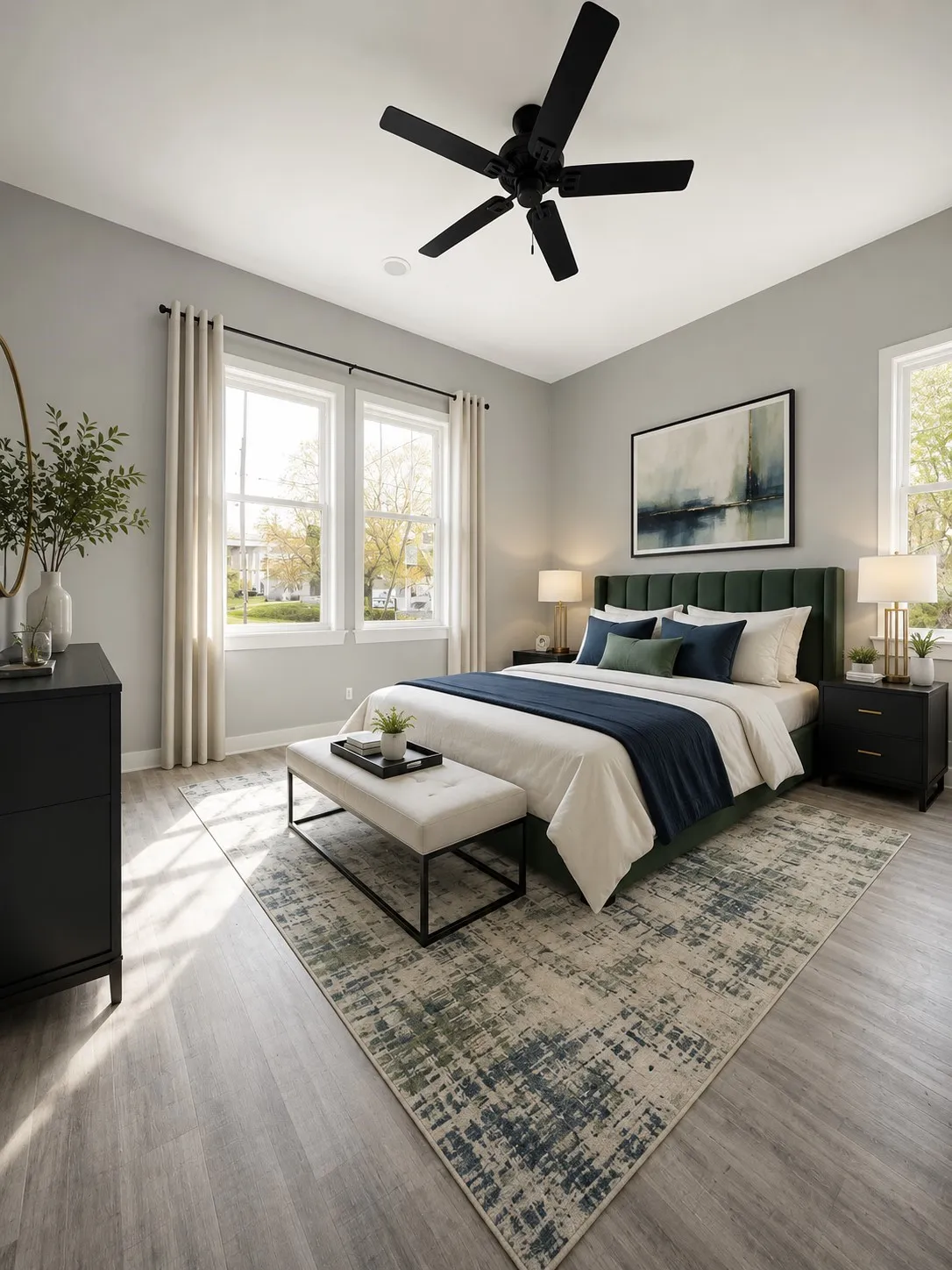 Expansive room featuring light wood-finish flooring, a contemporary ceiling fan, and two large windows