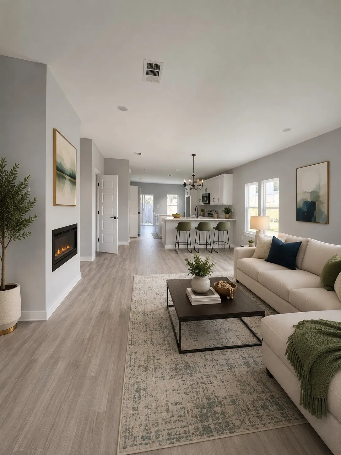 Open-concept living space featuring wood-finish flooring, a built-in electric fireplace, white walls, and natural lighting