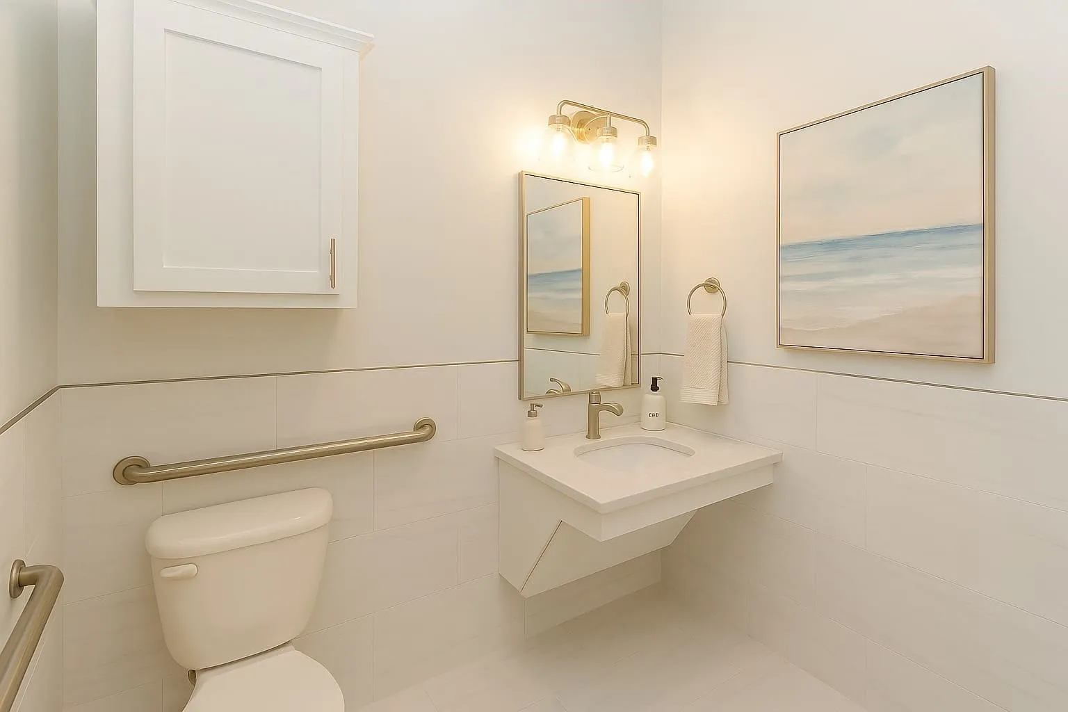 Compact bathroom featuring a wall-mounted vanity with integrated sink, a contemporary brass-finish light fixture, and white wall paneling