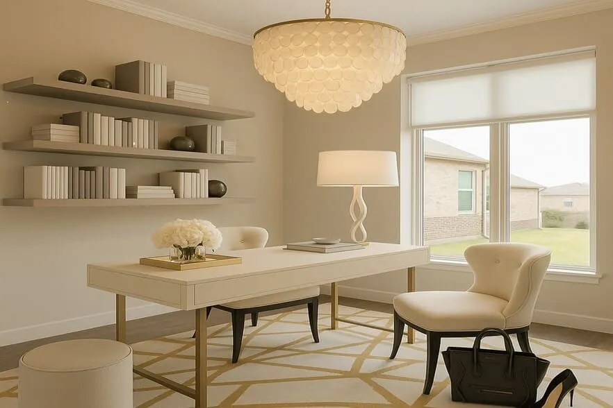 Built-in floating shelves offer integrated storage and display options