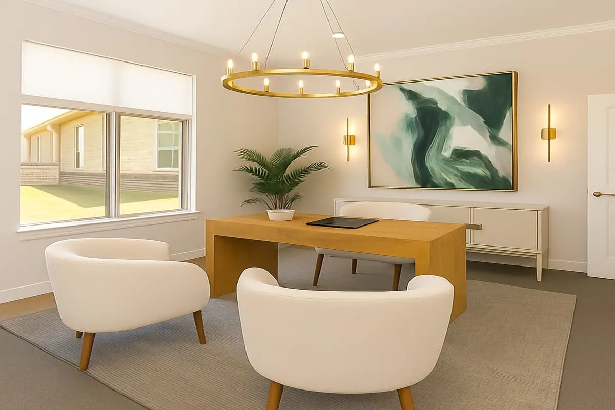 Office space featuring a large window, crown molding, and a prominent gold-finish chandelier