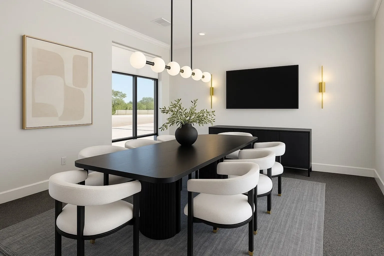 Spacious room featuring dark wood-finish flooring, a contemporary linear chandelier, gold-toned wall sconces, and a large wall-mounted display