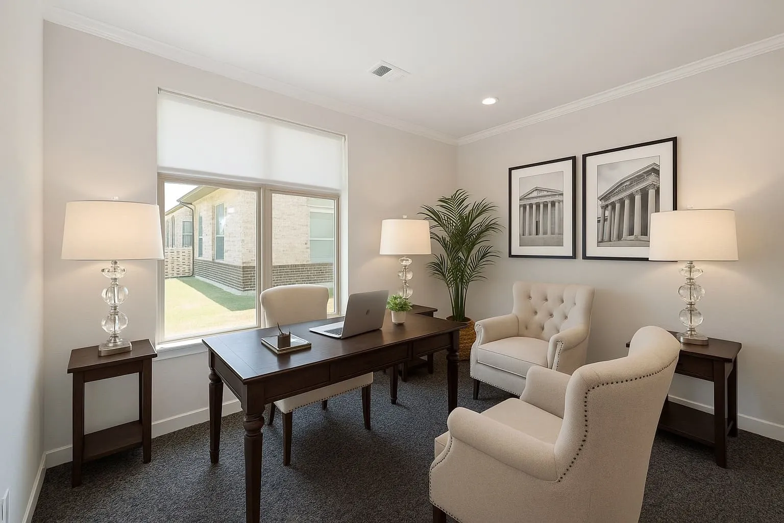 Dedicated office space featuring crown molding, recessed lighting, and a large window with roller shades