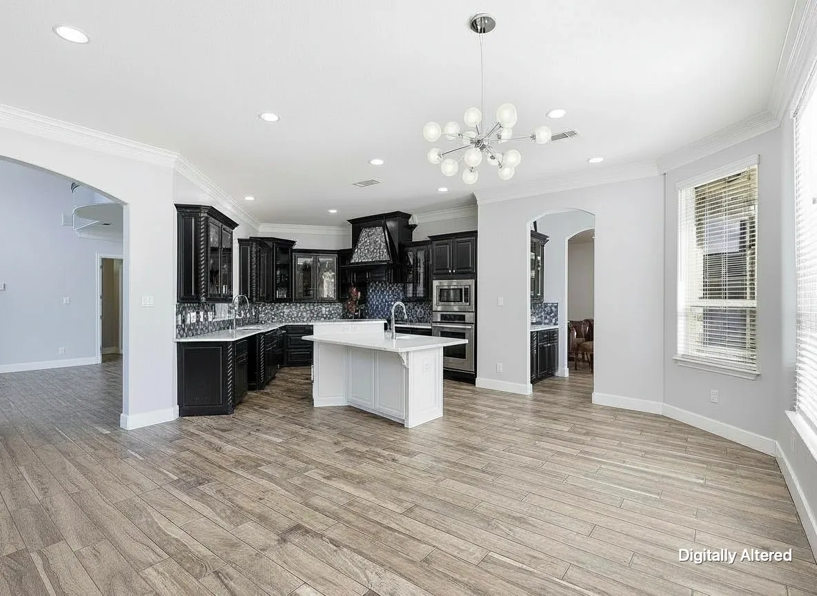 Wood-finish flooring throughout, kitchen with dark cabinetry, mosaic tile backsplash, and a central island