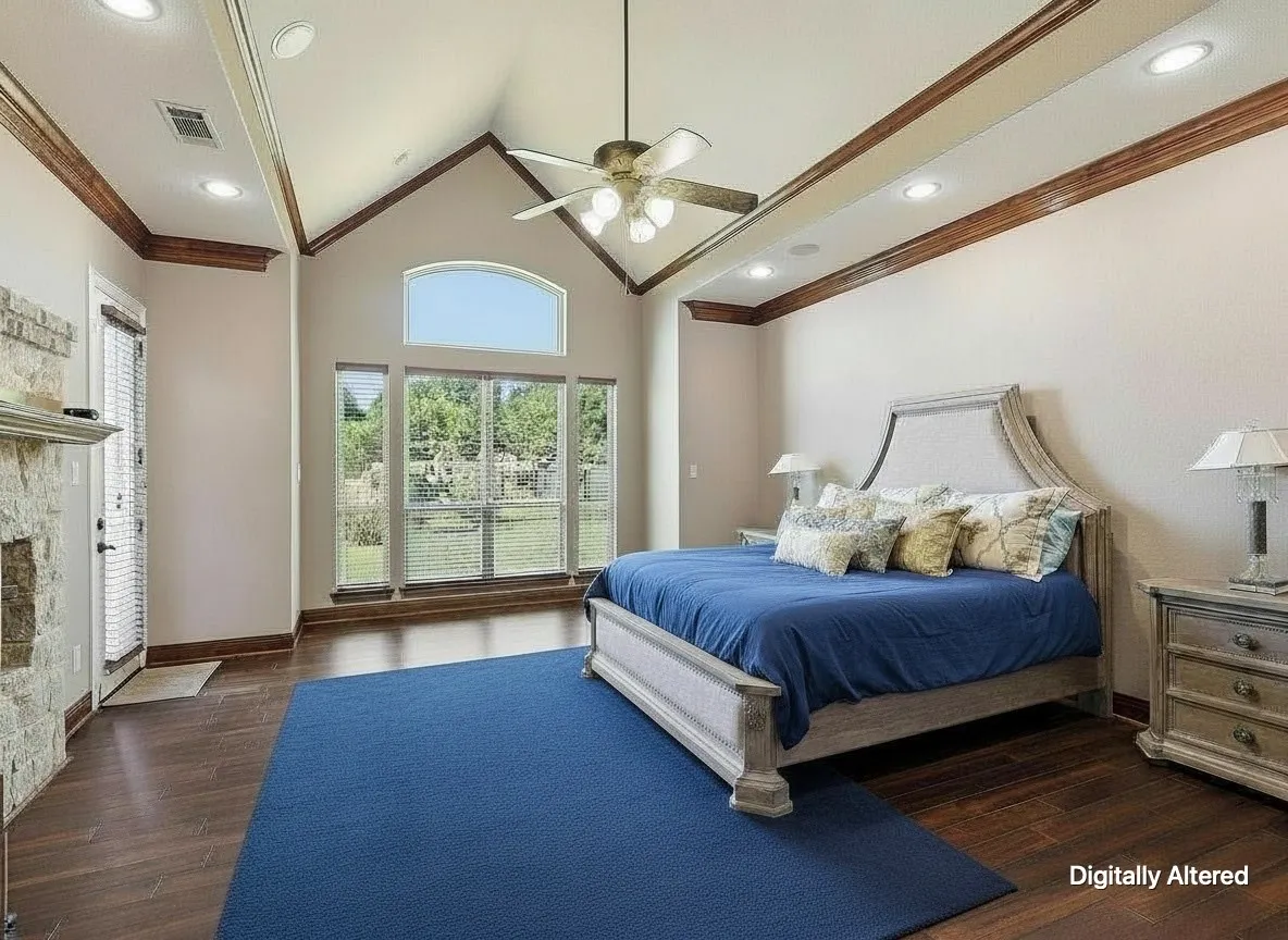 Vaulted ceilings with wood trim, recessed lighting, and a ceiling fan