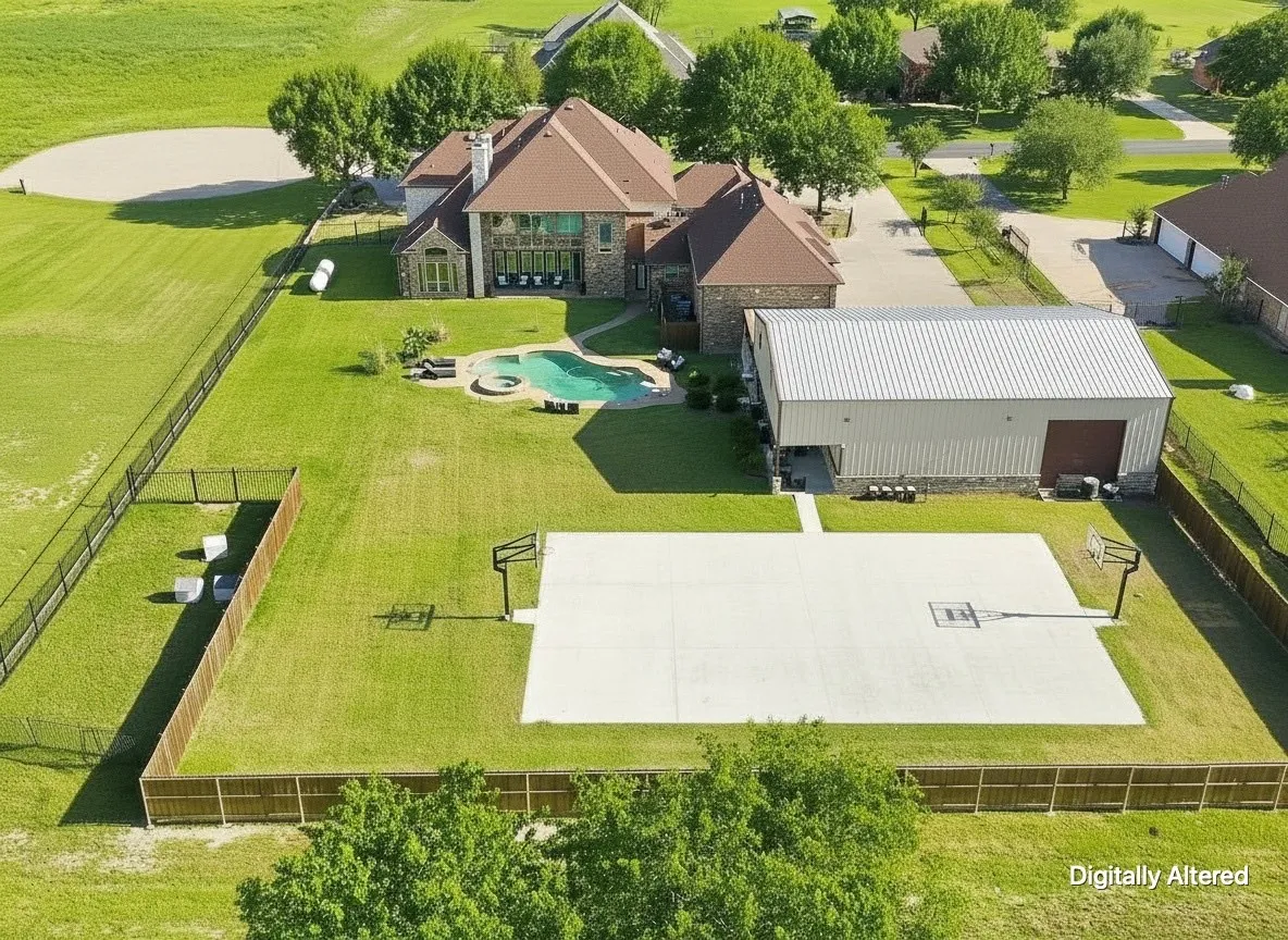 Expansive property featuring a large residence, detached metal building, in-ground swimming pool with spa, full-size basketball court, and perimeter fencing