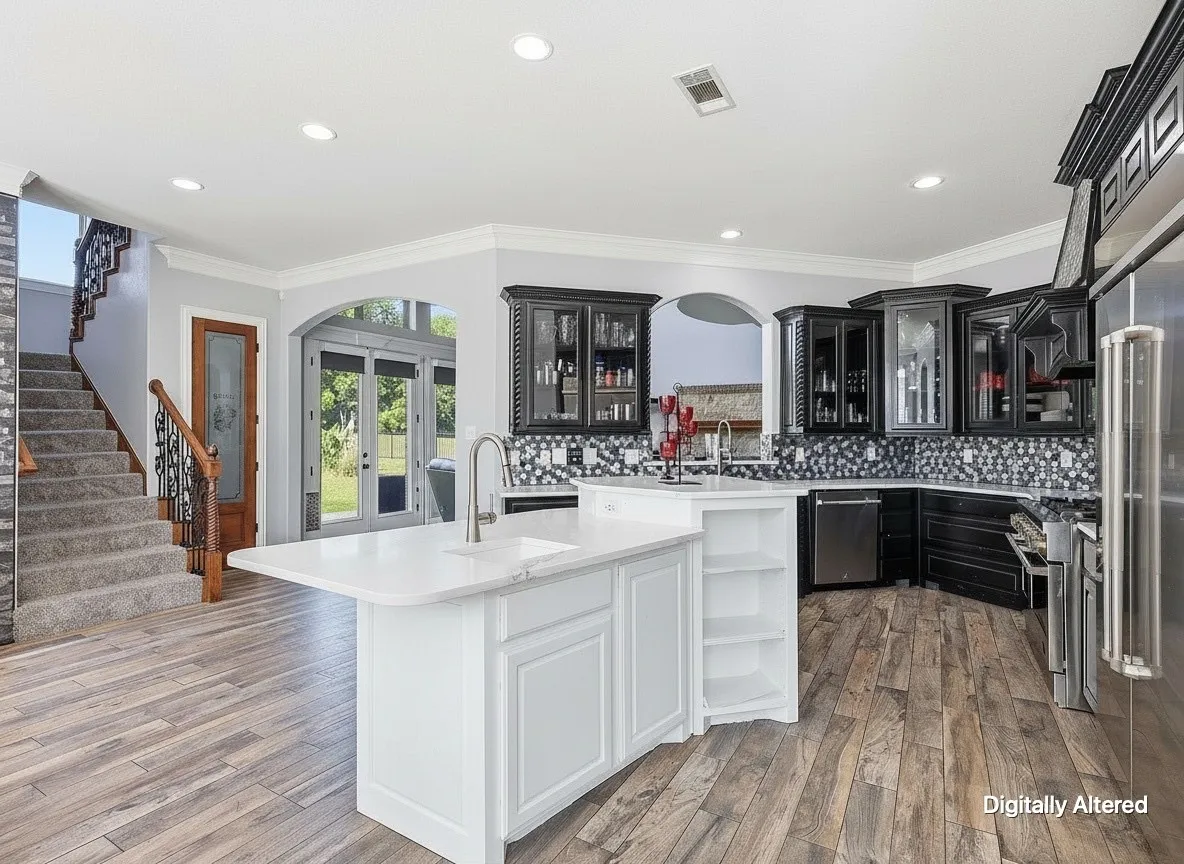 Spacious kitchen featuring wood-finish flooring, a white countertop island with an undermount sink, dark cabinetry, and a mosaic tile backsplash