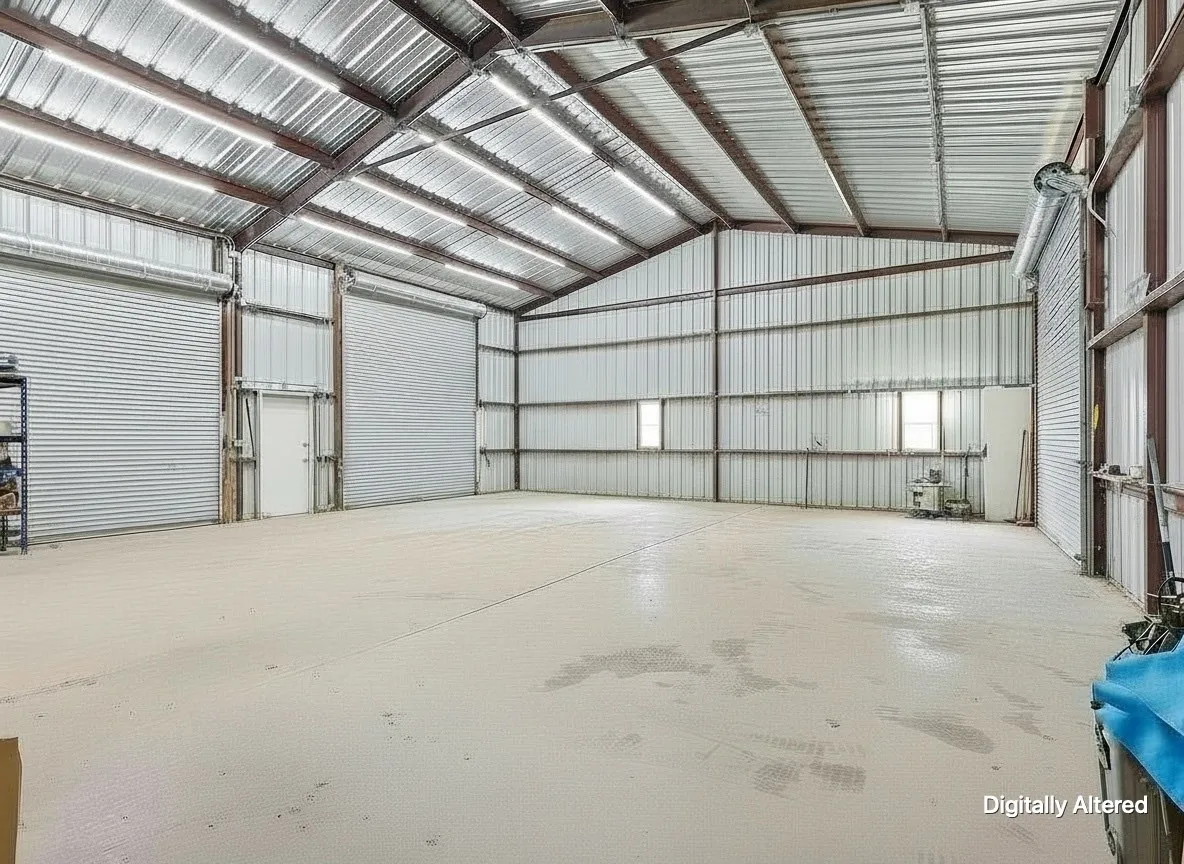 High ceilings with exposed metal beams, multiple roll-up doors, polished concrete flooring, and ample natural light from fixed windows
