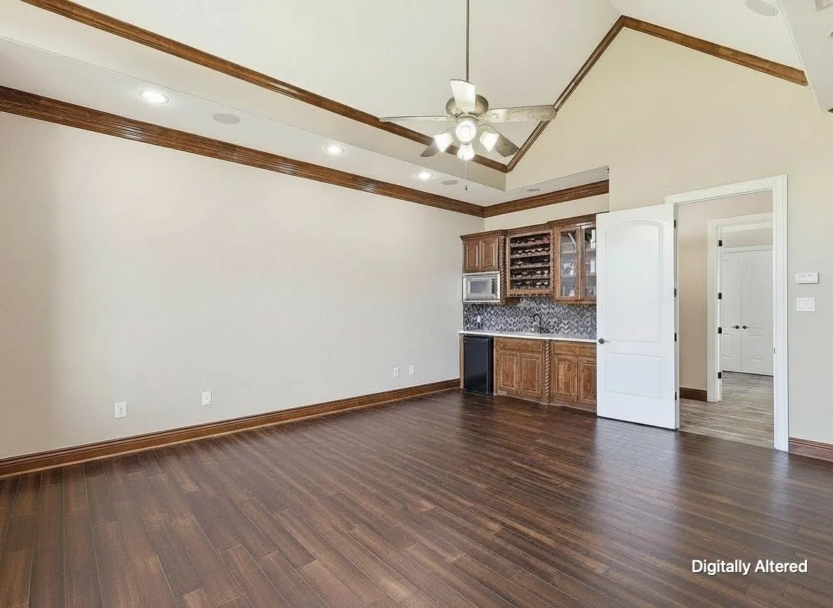 Vaulted ceilings with wood trim, recessed lighting, and a ceiling fan
