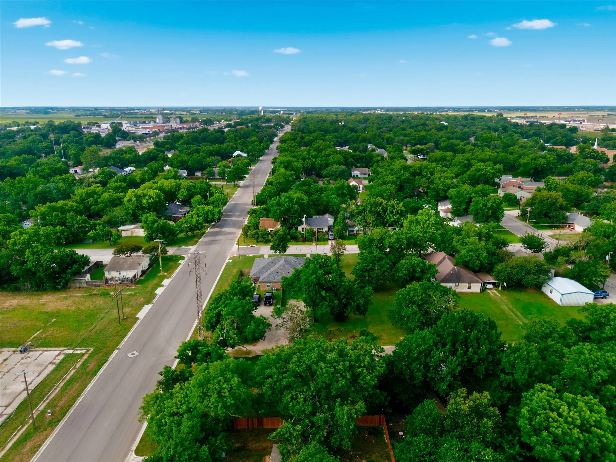 Aerial perspective showcasing a residential area with mature tree canopies