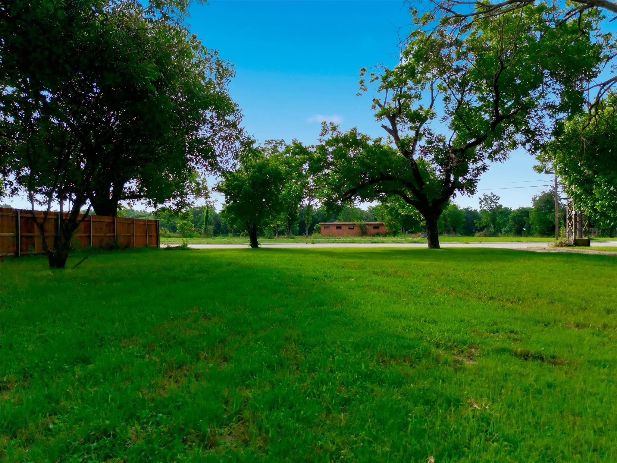 Expansive green lawn featuring mature trees and a wooden privacy fence
