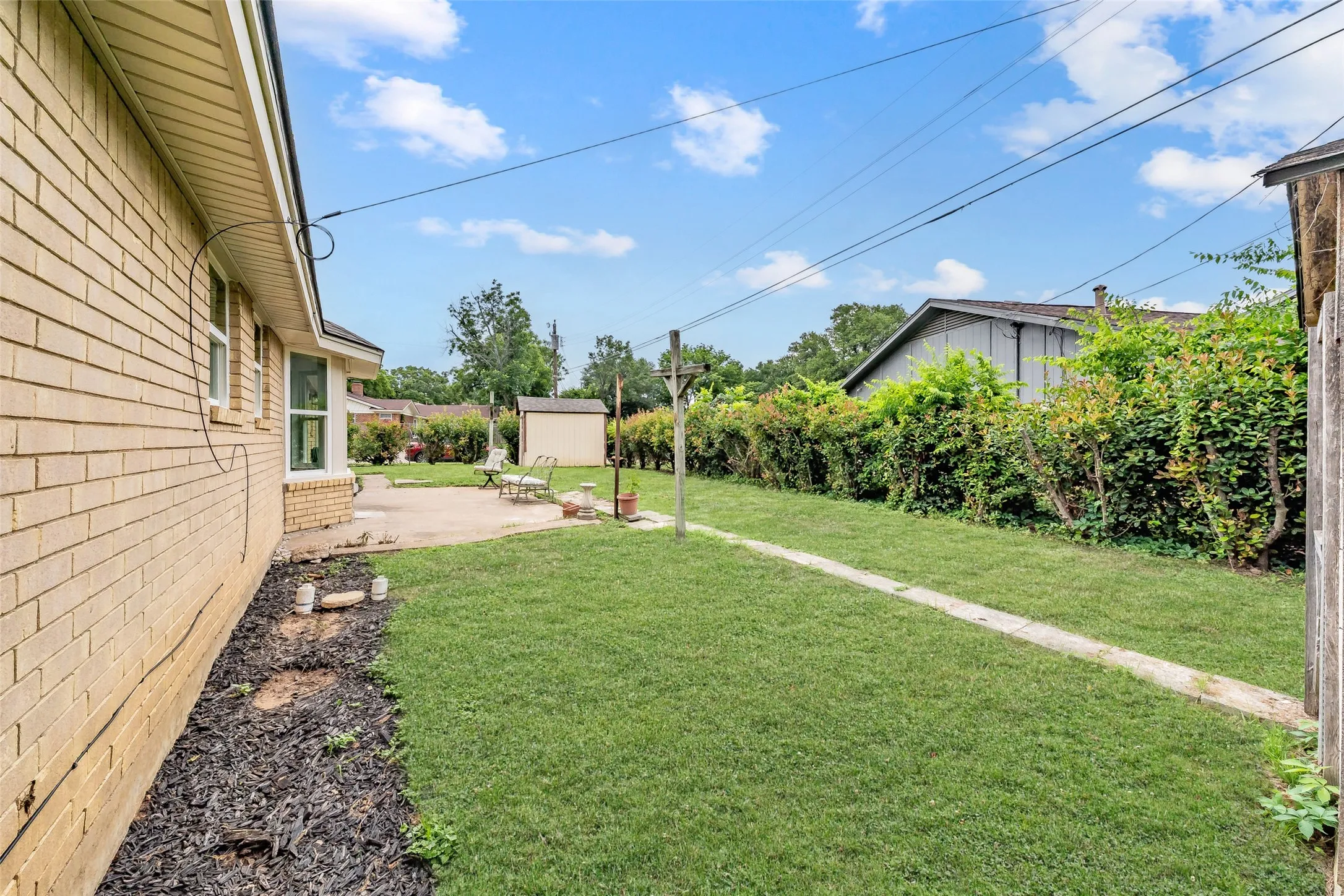 Spacious backyard featuring a concrete patio, a detached storage shed, and a privacy hedge