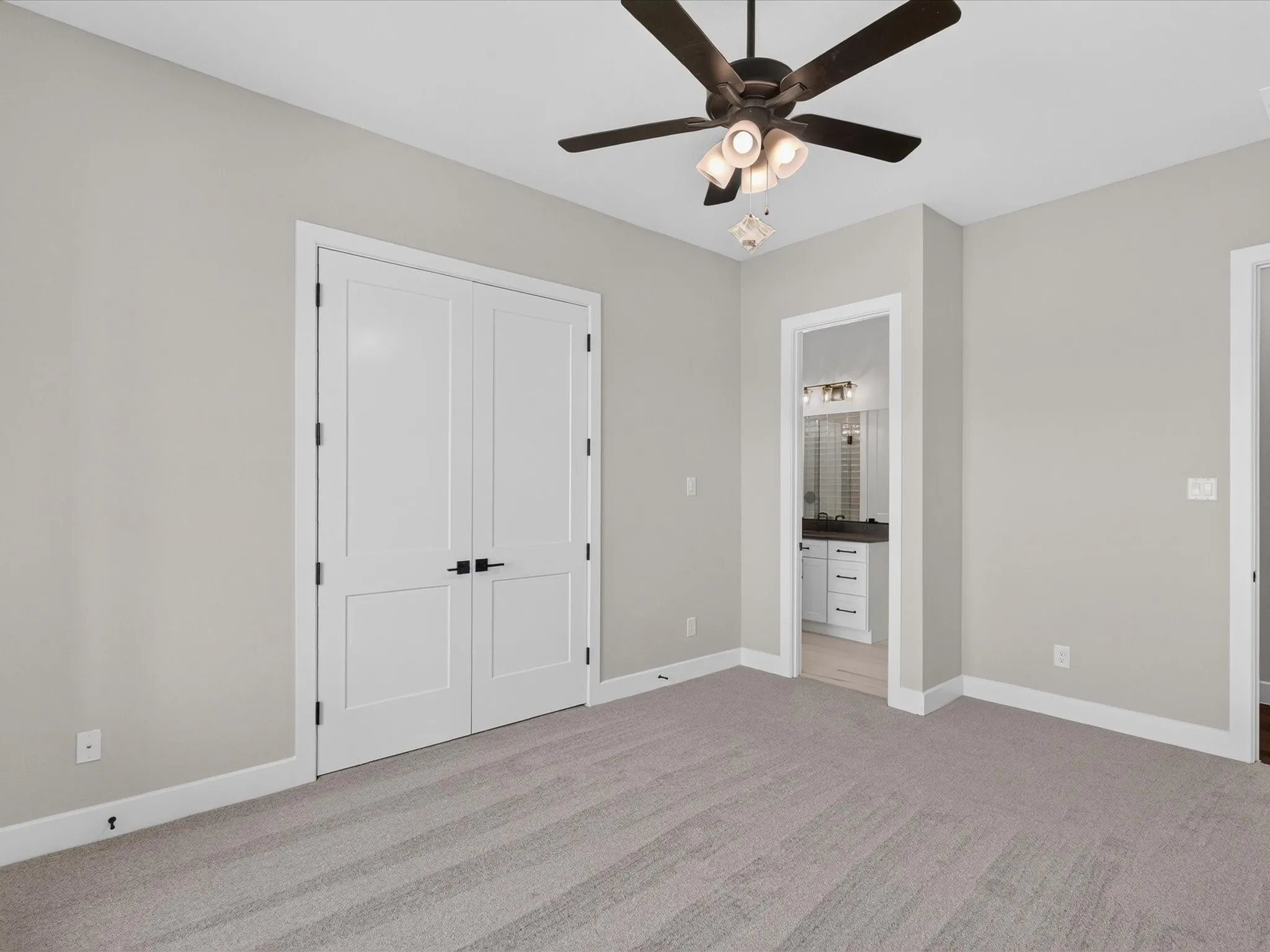 Gray carpeted flooring, light gray wall paint, and white trim