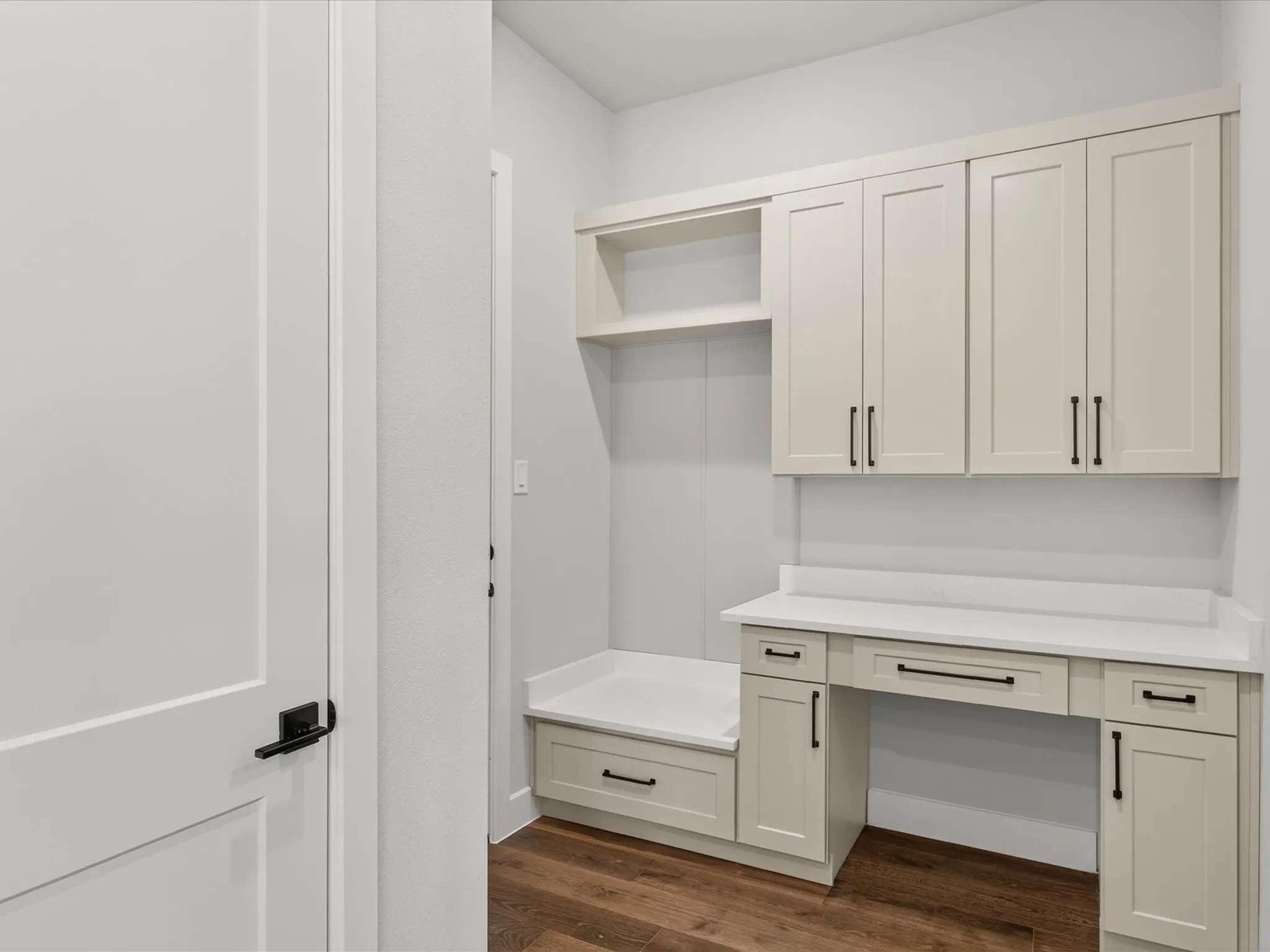 Built-in cabinetry with Shaker-style doors, white countertops, wood-finish flooring, and matte black hardware