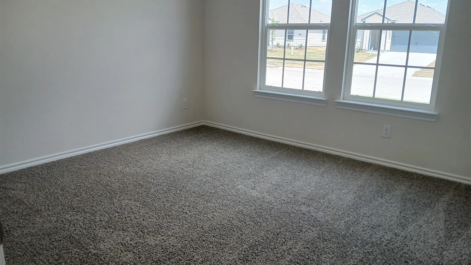 Carpeted room featuring two prominent windows with grid patterns, white trim, and light beige walls