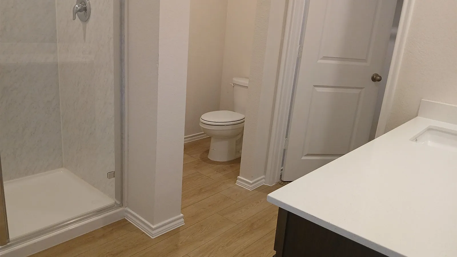 Bathroom featuring a walk-in shower with a glass enclosure, wood-finish flooring, a white vanity countertop with an integrated sink, and a white toilet