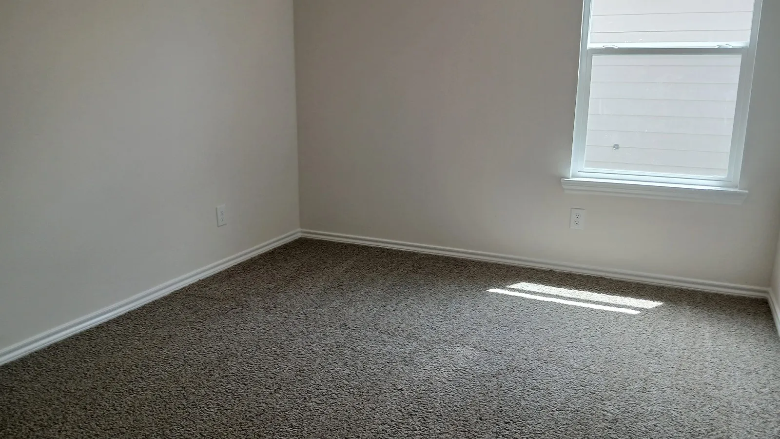 Carpeted room with neutral wall tones and a single window featuring horizontal blinds