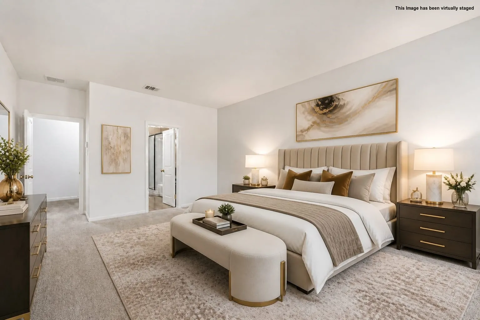 Virtual staged primary bedroom first floor.