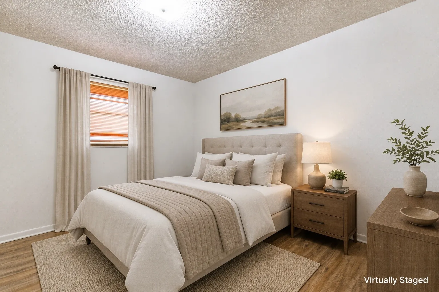 Bedroom featuring neutral wall tones, wood-finish flooring, and a single window with blinds