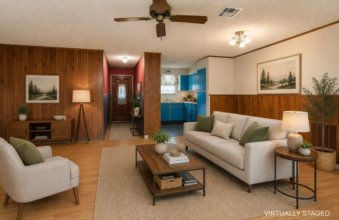 Living room featuring wood-finish flooring and extensive wood paneling