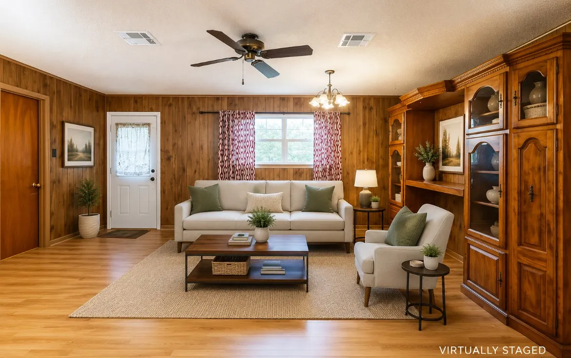 Living area featuring wood-finish flooring, wood-paneled walls, a ceiling fan with integrated lighting, and a prominent built-in wood entertainment center with glass-front display cabinets