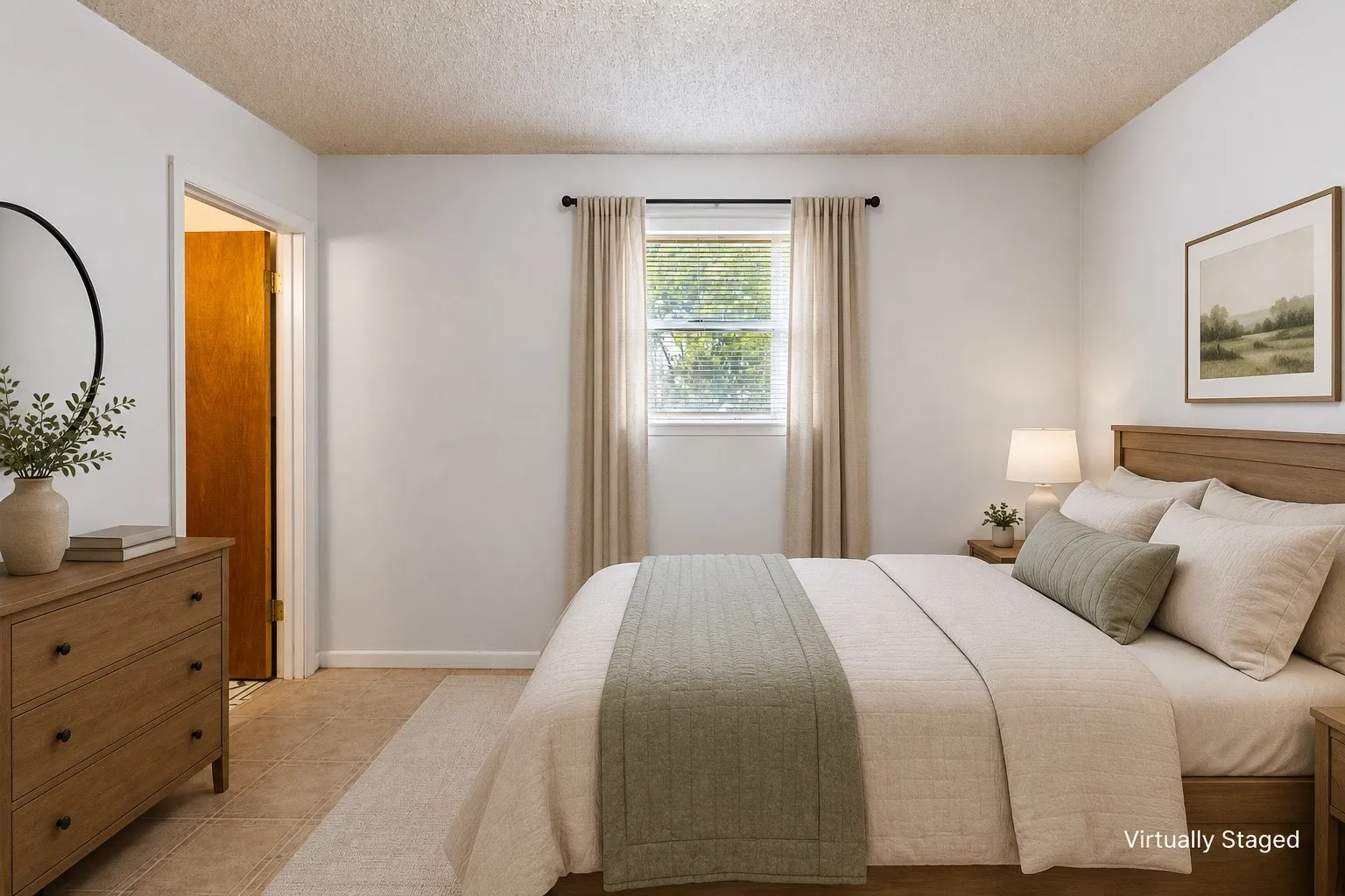 Bedroom featuring a window with blinds and drapes, white walls, and textured ceiling