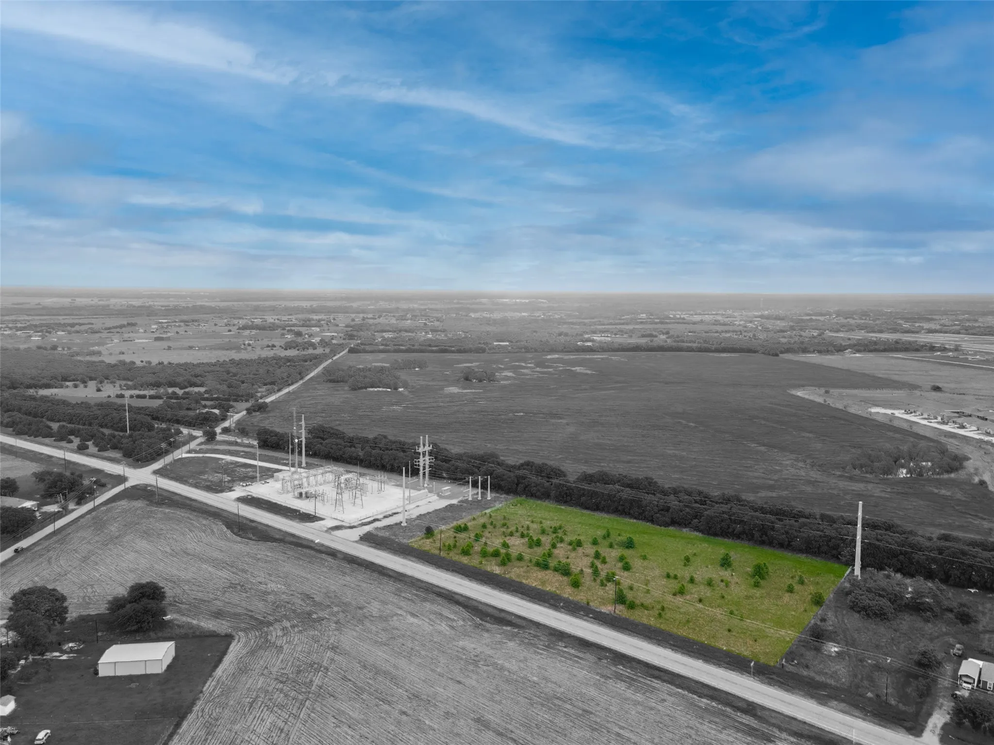 Expansive green acreage with scattered saplings, bordered by mature trees and a paved road
