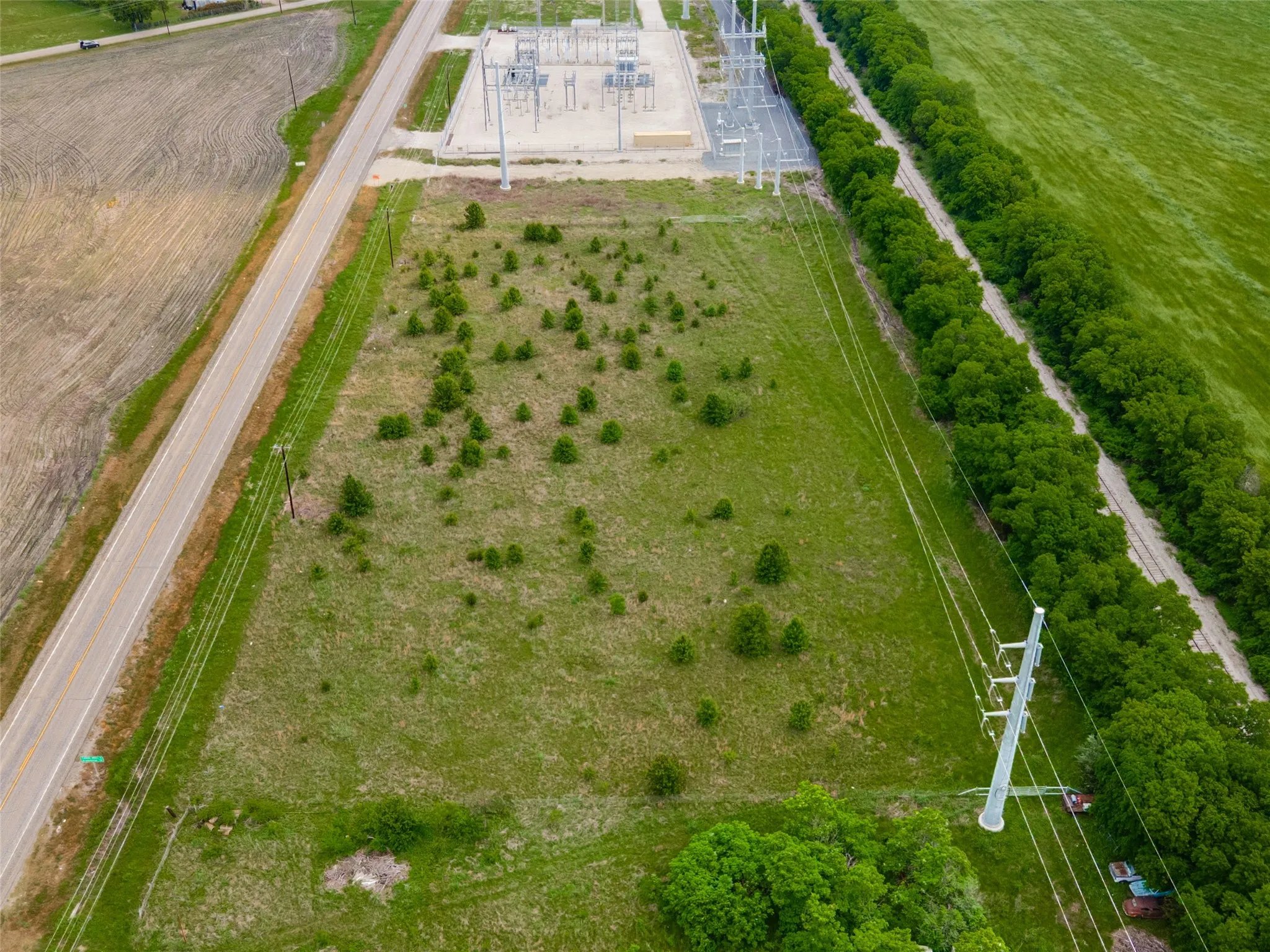 Expansive green acreage with scattered saplings, bordered by a paved road on one side and a tree line on the other
