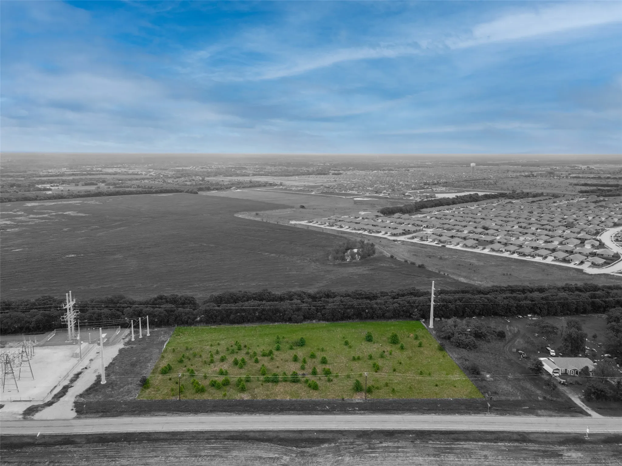 Expansive lot featuring green space and scattered young trees, fronting a paved road