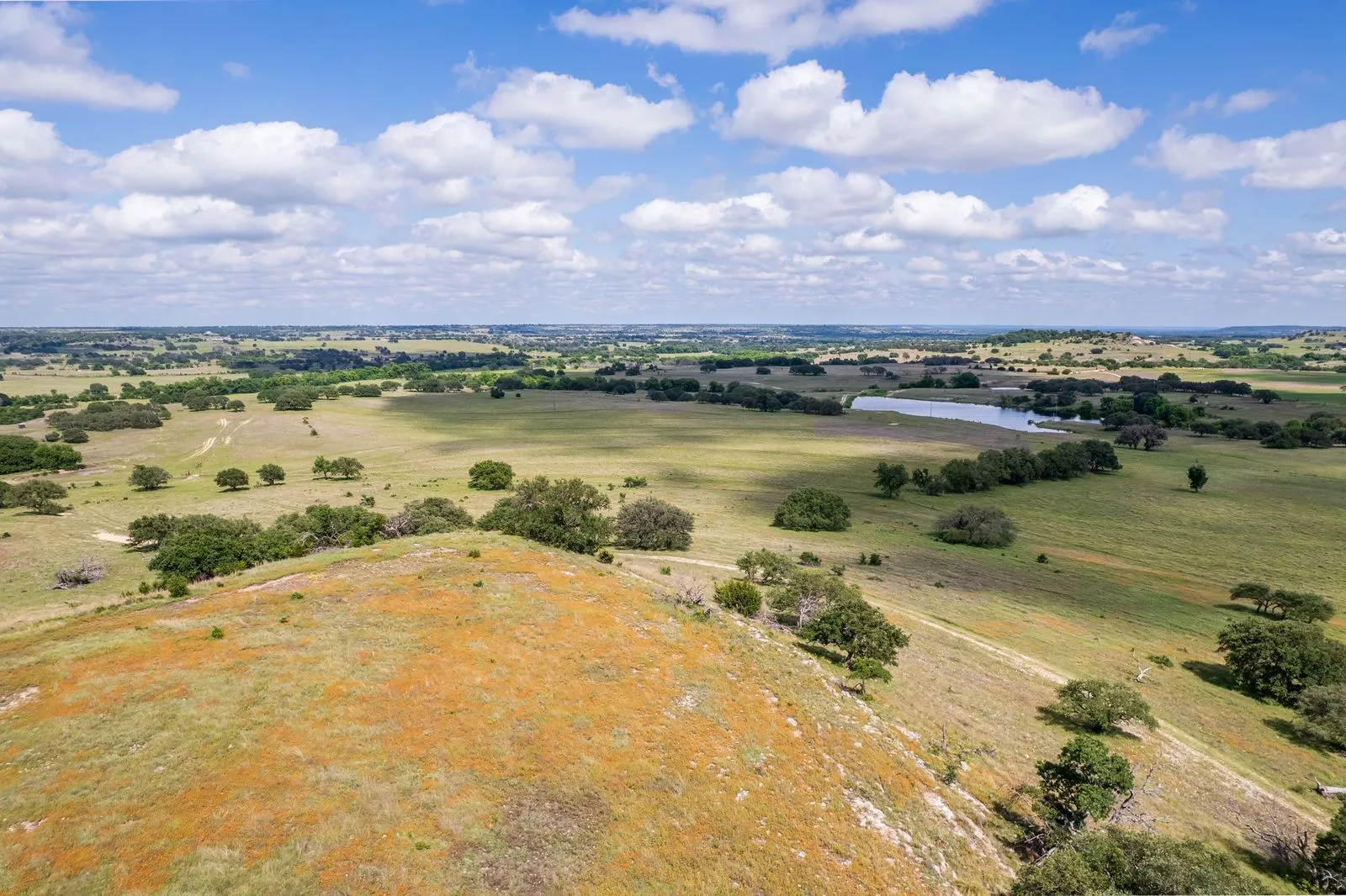 Expansive rural landscape featuring a prominent hill with patchy green and orange vegetation