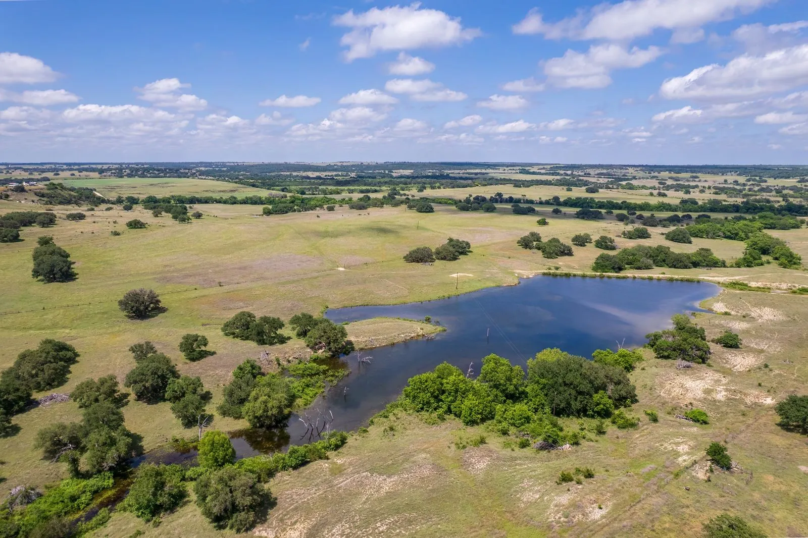 Expansive acreage featuring a natural pond, scattered mature trees, and verdant grasslands extending to the horizon
