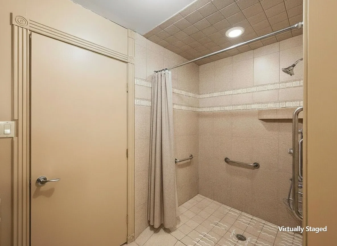 Accessible walk-in shower in the spacious primary bathroom.