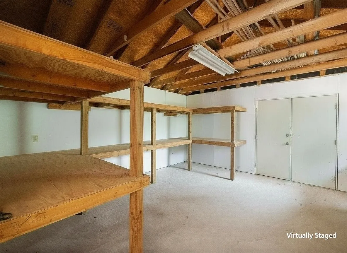 Additional garage space with built-in shelving for tools and equipment.
