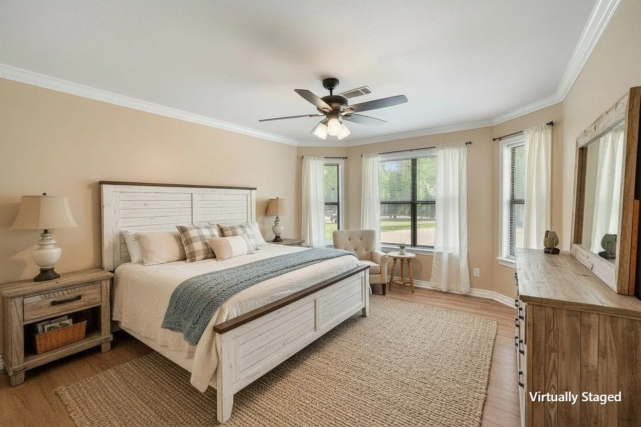 Virtually staged bedroom showcasing generous proportions and relaxing ambiance.