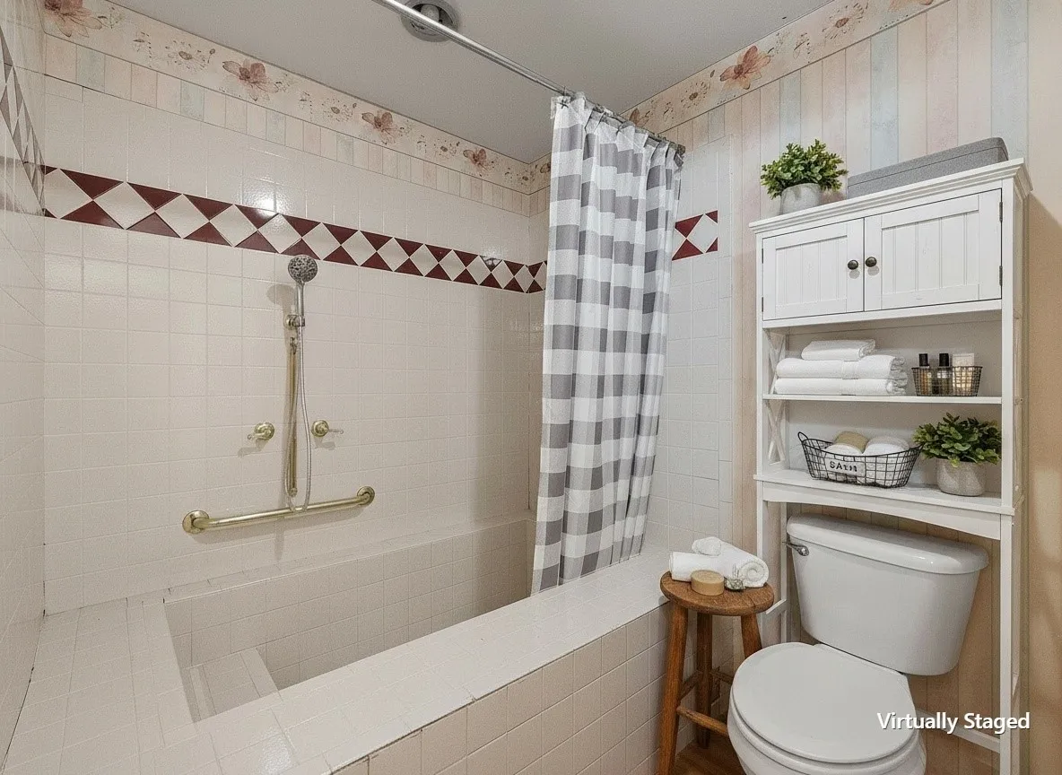 Full guest bathroom with tub-shower combination and linen storage.