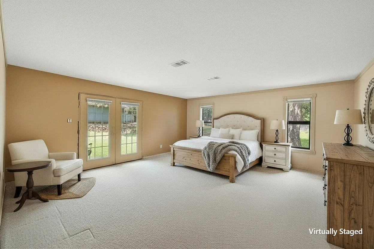 Virtually staged primary suite emphasizing the room's impressive size and french doors to patio.