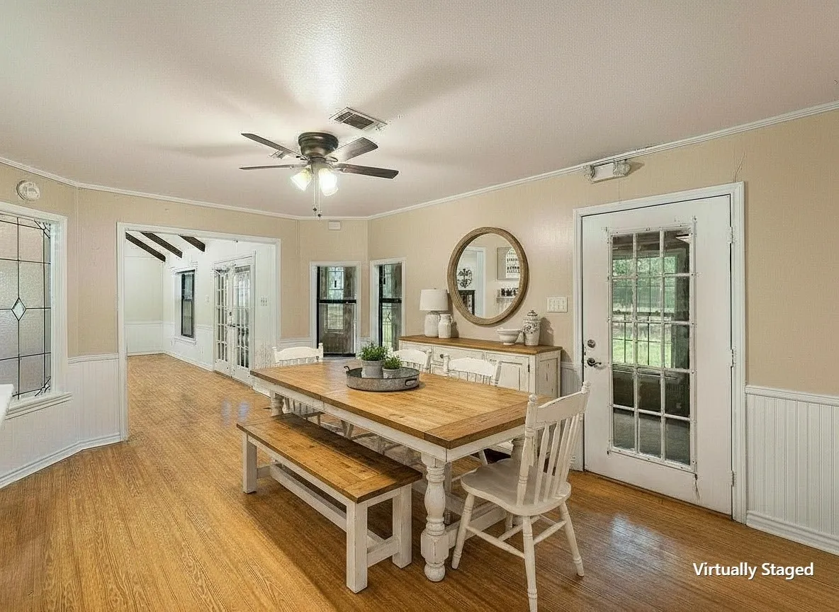 Virtually staged dining area illustrating comfortable everyday living.