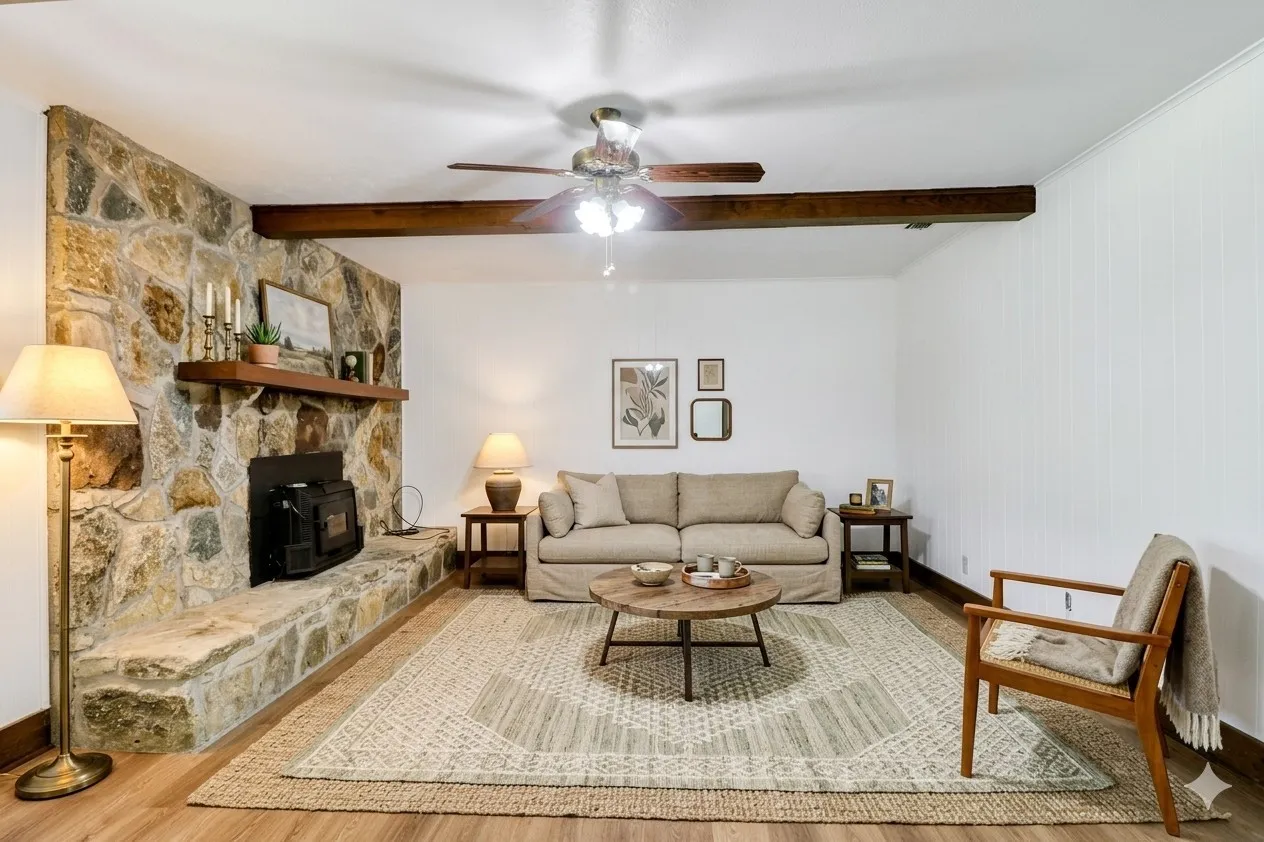 Virtual Staging Spacious living area featuring a stone fireplace with a wood-mantle shelf, wood-finish flooring, and exposed wood beam accents
