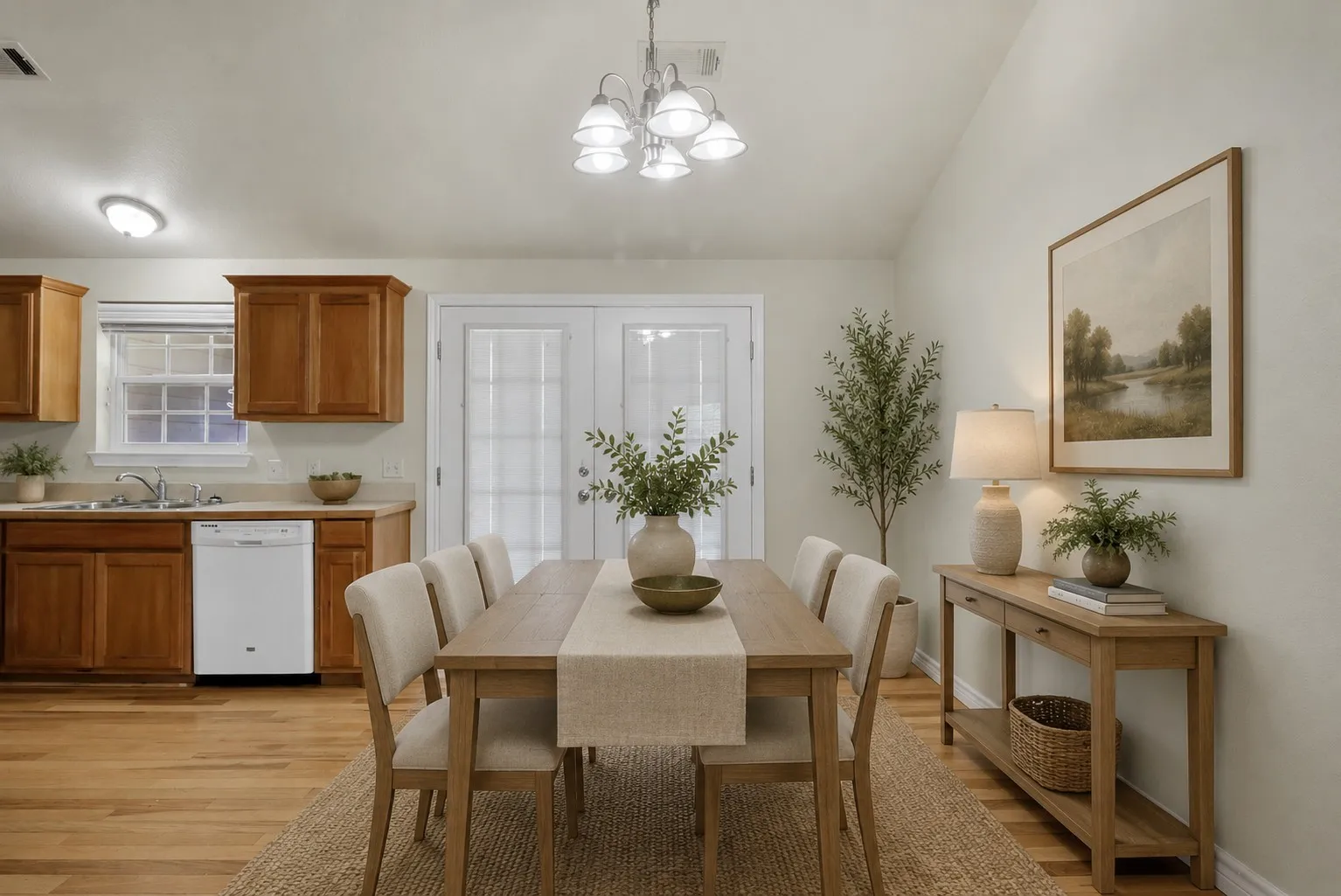 Virtual Stage - Vaulted ceilings and wood-finish flooring provide an open atmosphere