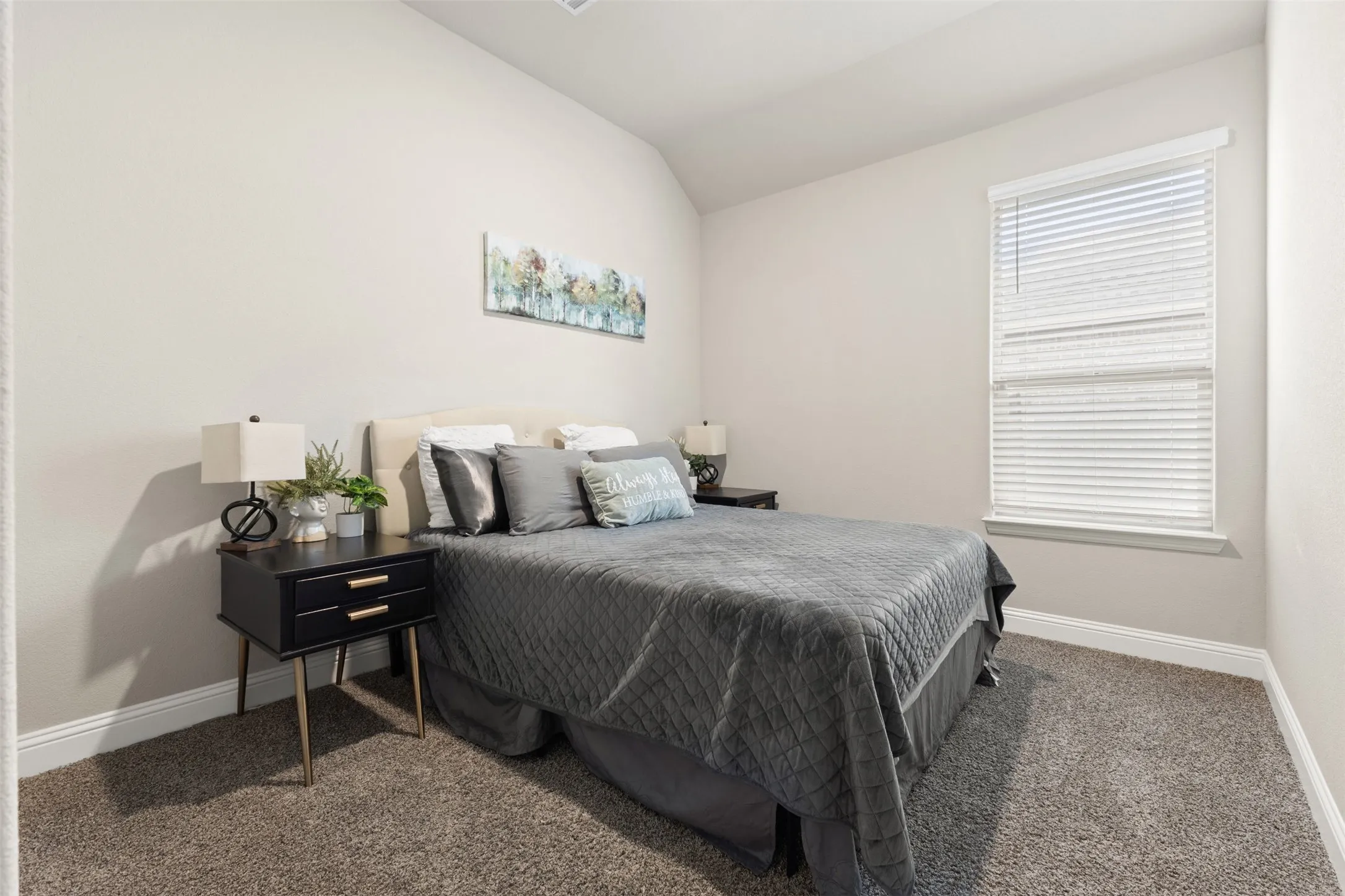 Carpeted room featuring a single window with blinds, light-toned walls, and white baseboards